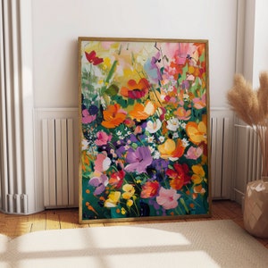 Bunte Blume druckbare Kunst, Wildblumen Malerei, lebendige Blumendruck, Sommer Blumen Landschaft Poster, Esszimmer Dekor Kunstdruck