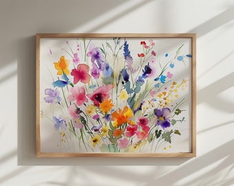 Watercolor Wildflower Art Print, Colorful Floral Wall Decor (Digital Download)