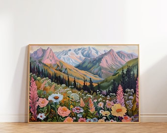 May include: A framed painting of a mountain range with a field of colorful flowers in the foreground. The mountains are painted in shades of pink, purple, and blue, with snow-capped peaks. The flowers are a variety of colors, including pink, yellow, orange, and red.