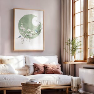 Japandi Sage Green Moon Sakura Art, Oriental Asian Bird Landscape Art, Cherry Blossom Print, Japanese Watercolor, Zen Feng Shui Home Decor