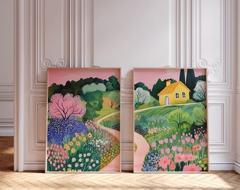 Colorful Floral Landscape Art Prints, Summer Scenery Set (Digital Download)