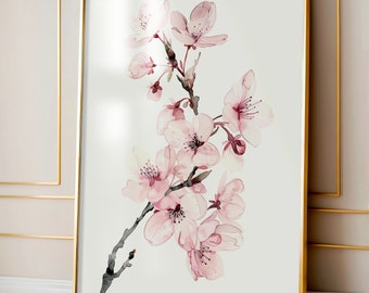 Cherry Blossom Watercolor Art Print, Japandi Decor (digital