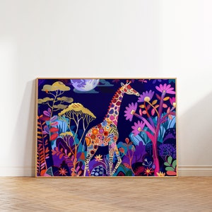 抽象的なキリンのジャングルプリント、鮮やかな花柄の子供部屋用アート（デジタルダウンロード）