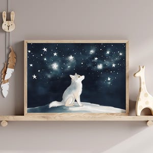 Wolf Baby Kinderzimmer Dekor, süße Wolf Illustration, Waldtier Poster, Nachthimmel Wald Malerei, Wölfe Kinderzimmer Kunst, Sternenhimmel Kunstwerk