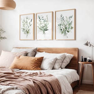 Impresión botánica de acuarela, verde salvia, arte de flores silvestres, conjunto floral boho de 3, decoración moderna del hogar, conjunto de arte de carteles de flores silvestres, arte de pared boho