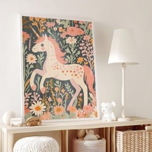 Arte de pared de unicornio para habitación de niños, impresión de flores para habitación de niños, decoración colorida de unicornio para habitación de niños, póster imprimible para habitación de niña, impresión de unicornio para sala de juegos boho