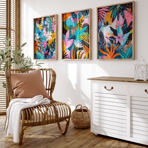 Abstract Vibrant Floral Wall Art Set of 3, Colorful Flower Decor, Trendy Bright Art, Printable Eclectic Print, Maximalist Jungle Art Poster