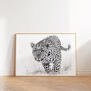 Leopard Wand Kunst Bleistift Skizze, Leopard Wand-Dekor, Schwarz & Weiß Tier Druck, Leopard Einfache Zeichnung, Leopard Grafik Kunst, Safari Wand Kunst