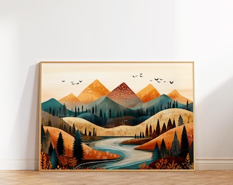 Mountain Landscape Art Print, Kids Playroom Decor (Digital Download)