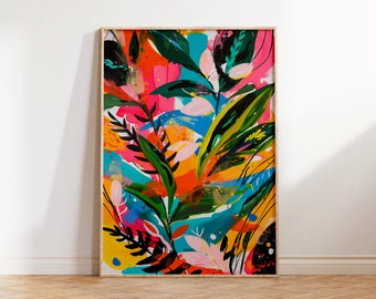 Abstract Floral Art Print, Colorful Tropical Wall Decor (Digital Download)