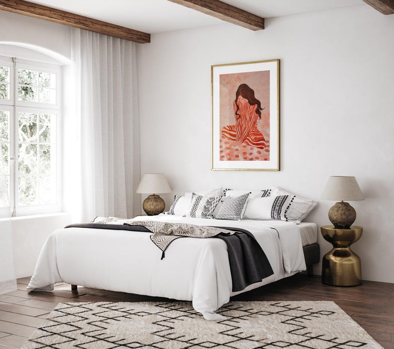 Red Striped Wall Art, Abstract Woman Decor, Colorful Poster