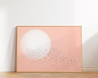 Lámina artística con silueta de pájaros y luna, decoración nórdica escandinava (descarga digital)
