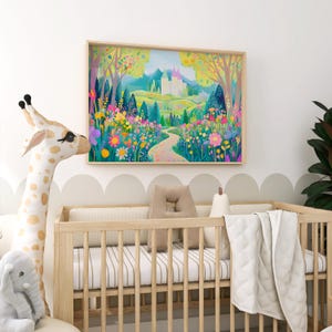 Colorful Nursery Castle Wall Art, Floral Garden Painting, Bright Print For Kids Room, Pastel Playroom Decor, Flowers Landscape Printable Art