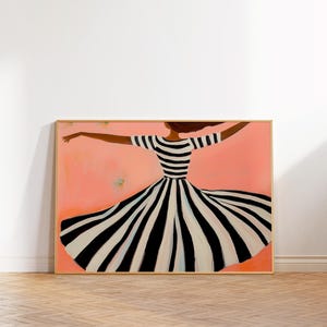May include: A painting of a person wearing a black and white striped dress with their arms outstretched. The person is standing on a pink background.