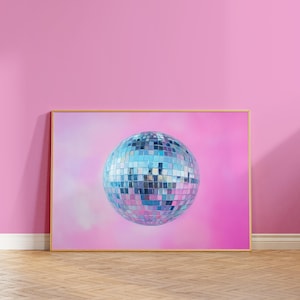 Disco Ball Preppy Decor, Trendy Dopamine Print, Bright Pastel Pink Girly Poster, Silver Mirror Ball, Maximalist Wall Art, Printable Art