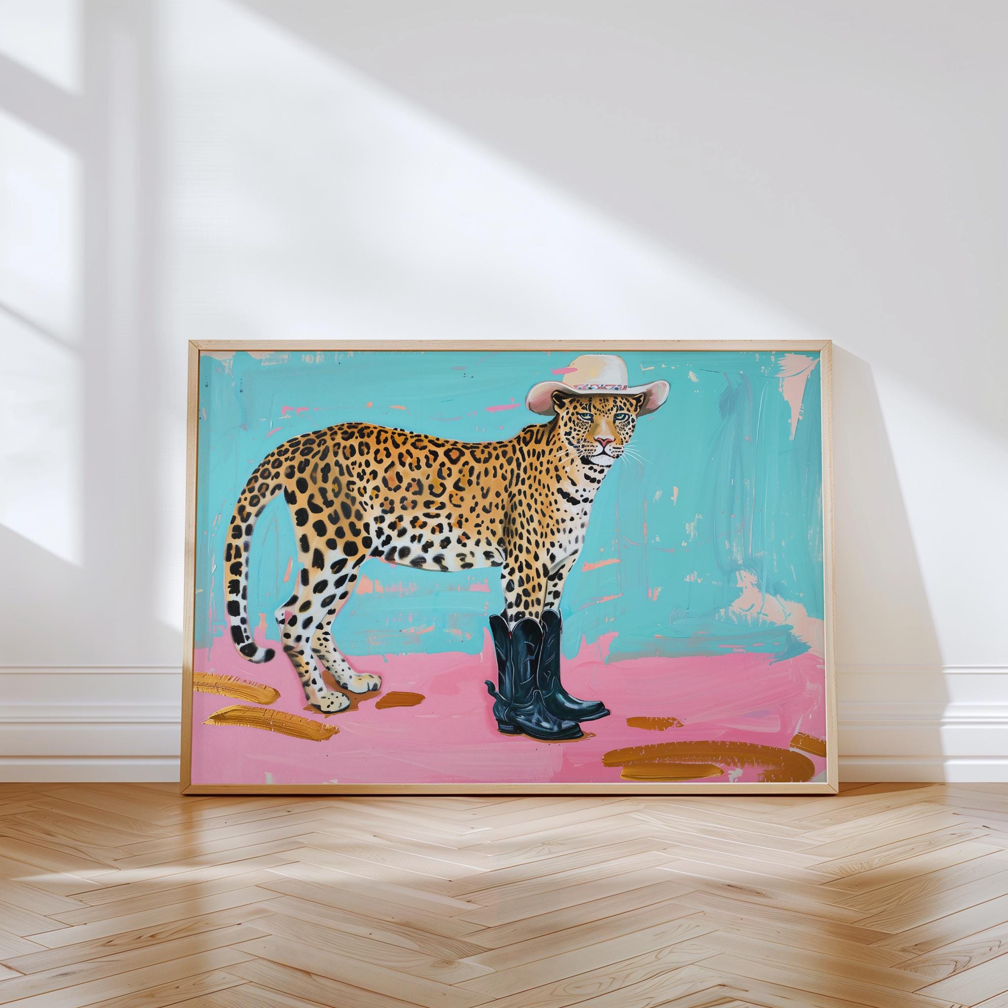 Leopard in Cowboy Boots Art Print, Funny Animal Poster (digital