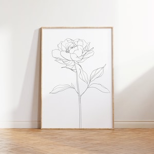 Peony Flower Line Wandkunst, Single Line Flower Zeichnung, Kontinuierliche Linie Blumen Illustration, Minimalistische One Line Peony Poster, druckbare Kunst