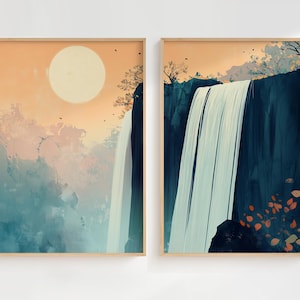 Juego de 2 cuadros de pared con paisaje de cascada, impresión serena, regalo de inauguración de la casa contemporáneo, arte natural, decoración del hogar boho, sala de estar con paisaje neutro