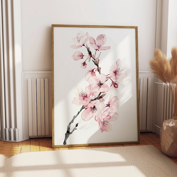 Cherry Blossom Watercolor Art Print, Japandi Decor (digital