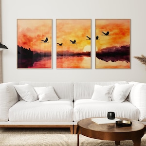 Juego de 3 impresiones de acuarela con grullas voladoras al atardecer, decoración de cielo brillante, póster imprimible de pájaros voladores, impresión de lago al atardecer, arte de pared colorido