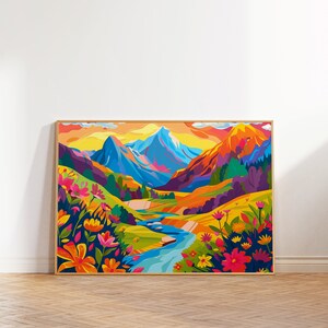 Puede incluir: Una pintura abstracta colorida de un paisaje de montaña con un río que fluye a través de él. Las montañas están pintadas en tonos de azul, morado y verde, y el río es de un azul brillante. El primer plano está lleno de flores coloridas.