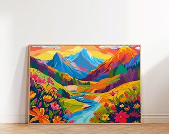 Colorful Floral Mountain Landscape Art Print (Digital Download)