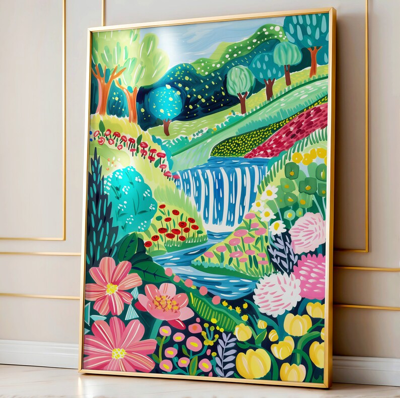 May include: A colorful abstract painting of a waterfall in a lush green forest. The painting features bright colors, including blue, green, yellow, pink, and red. The waterfall is surrounded by flowers and trees, and the sky is a light blue.