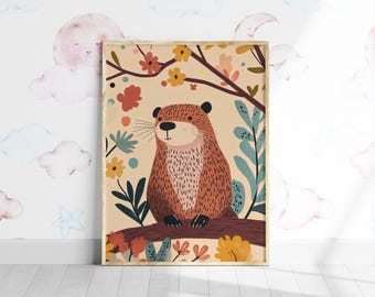 Beaver Nursery Art: Floral Forest Animal Print (Digital Download)