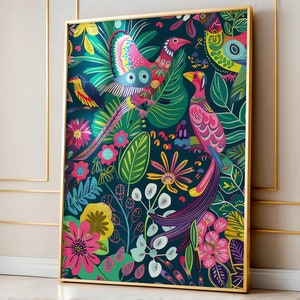 Arte mural floral con pájaros maximalistas, impresión vibrante de naturaleza con flores abstractas, decoración con pájaros coloridos, póster de jungla ecléctica, arte mural con animales modernos