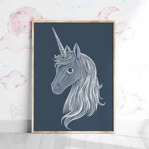 Art mural licorne pour chambre d&#39;enfant, art imprimable licorne bohème, décoration de chambre de filles, affiche de chambre de bébé bleu poussiéreux, impressions de chambre d&#39;enfants, impression de conte de fées mignon