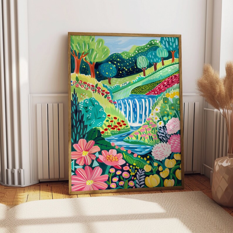 May include: A colorful painting of a waterfall in a lush green forest. The painting features vibrant flowers, trees, and a blue stream flowing into the waterfall.