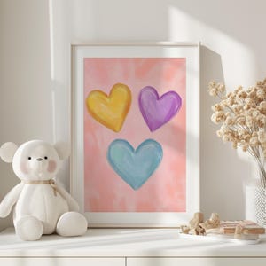 Pastel Hearts Wall Art, Colorful Love Nursery Decor, Kids Room Heart Decor, Girls Room Vibrant Print, Heart Watercolor Playroom Poster