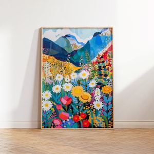 Arte de parede de cenário colorido, arte de paisagem de montanhas, ilustração de flores brilhantes, impressão floral vibrante, desenho botânico, decoração de patchwork