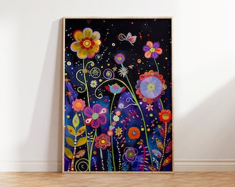 Colorful Flowers Art Print, Abstract Night Stars, Butterfly Decor (Digital Download)