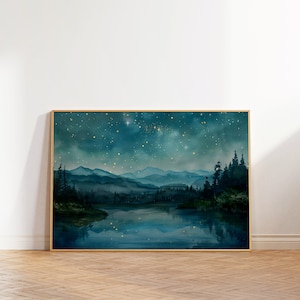 Nachtlandschaft Sterne Wandkunst, Nachthimmel Druck, Retro Sterne anschauen druckbare Kunst, Sternenlandschaft Wanddekor, himmlisches digitales Poster