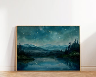 Night Sky Landscape Print, Stars, Lake Reflection (Digital Download)