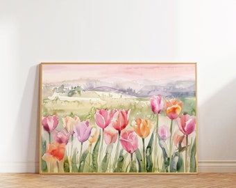 チューリップ畑の水彩画：春の花柄（デジタルダウンロード） - Etsy 日本