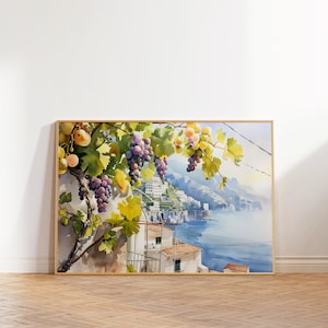 Grapevine Landscape Wall Art Set of 3, Italian Landscape Watercolor Print, Grapes Painting, Amalfi Coast Painting, Italy Scenery Artwork