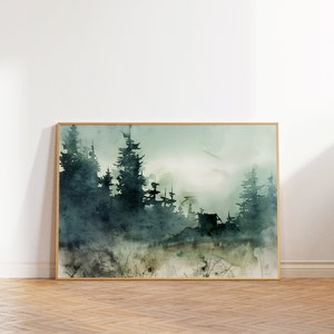 Japanische Wandkunst, Bergwandkunst, Japanischer Kunstdruck, Japandi Décor, minimalistische Wandkunst, Waldlandschaft, grüne Wandkunst, druckbar