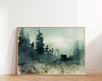 Japanese Forest Landscape Art Print: Minimalist Mountain View
