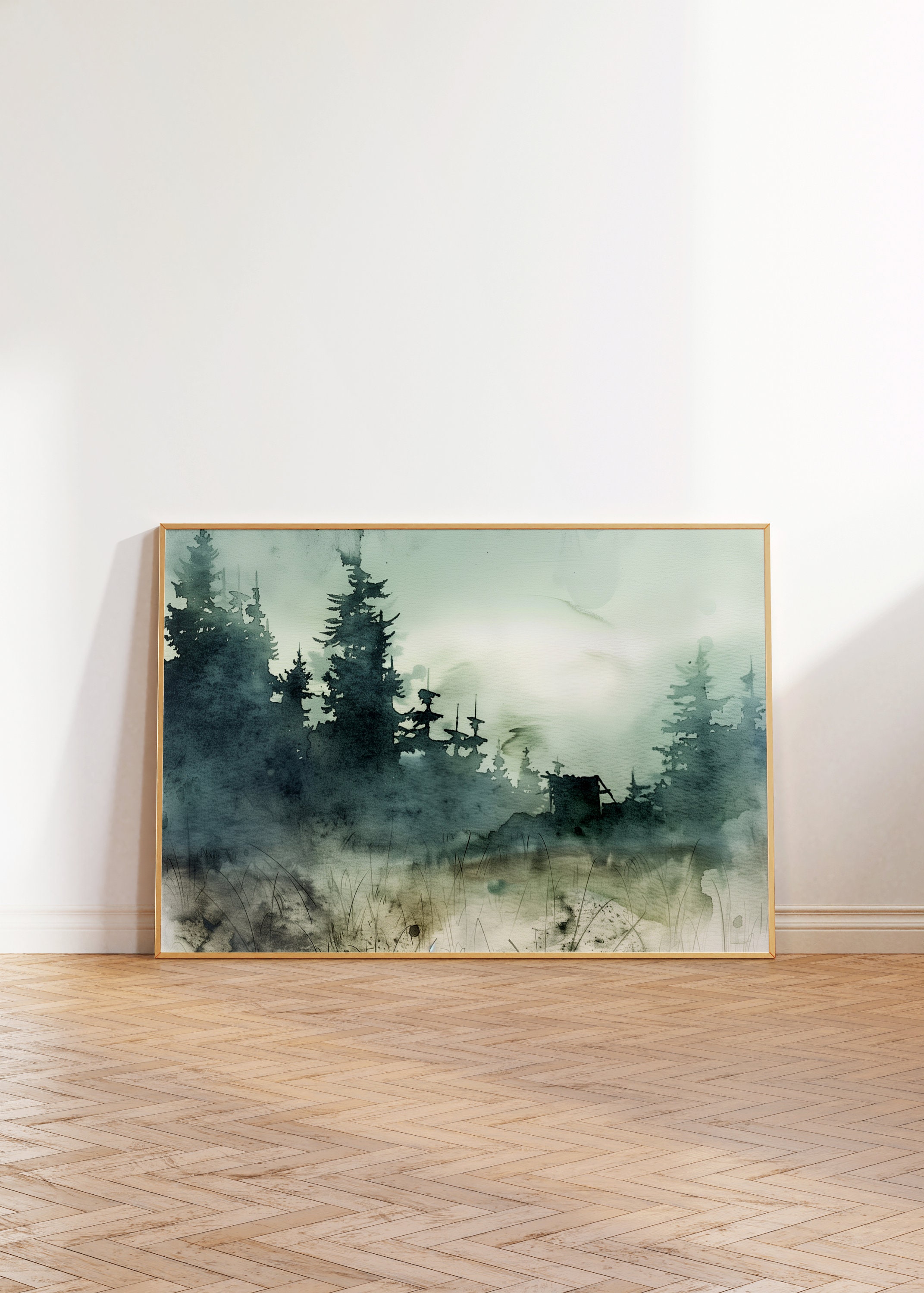 絵画 85cm x 73 cm Japanese Forest Landscape Art Print: Minimalist Mountain View