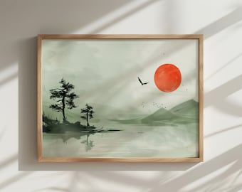 Japandi Landscape Art Print, Sage Green, Modern Japanese Decor (Digital Download)