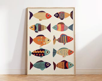 Retro Fish Pattern Print, Mid-Century Modern Wall Art (Digital Download)