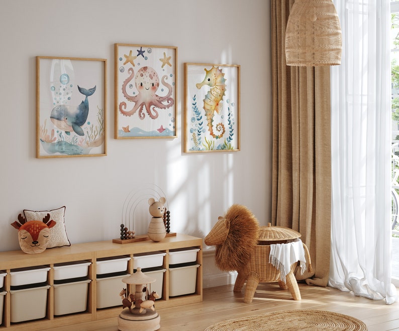 Baby Sea Animals Wall Art Set of 3, Watercolor Cute Nursery Decor, Kids Room Sea Wall Decor ...