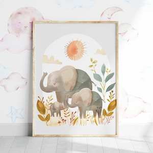 Arte de pared de la familia de elefantes, impresión de guardería, carteles de animales para niños, decoración imprimible de animales de safari, ilustración de elefante bebé en tonos neutros