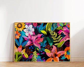 May include: A framed print featuring a colorful floral design with pink, yellow, blue, green, and orange flowers on a black background.