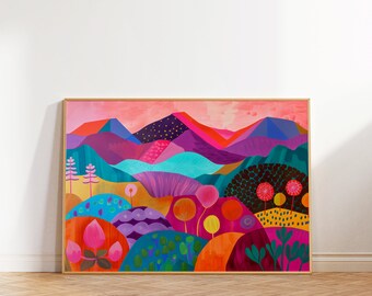 Colorful Floral Landscape Print, Vibrant Mountain Art (Digital Download)