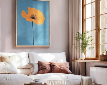 Orange Blue Poppy Wall Art, Wildflower Dusty Blue Art Print, Minimalist Poster, Summer Floral Illustration, Eclectic Flower Shop Decor