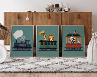 Safari Animal Train Prints, Nursery Wall Art Set (Digital Download)