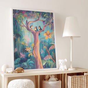 Impresión de aves de la selva, póster de aves tropicales, arte mural de la selva, decoración de pared colorida, arte mural imprimible para sala de juegos, ilustración de aves